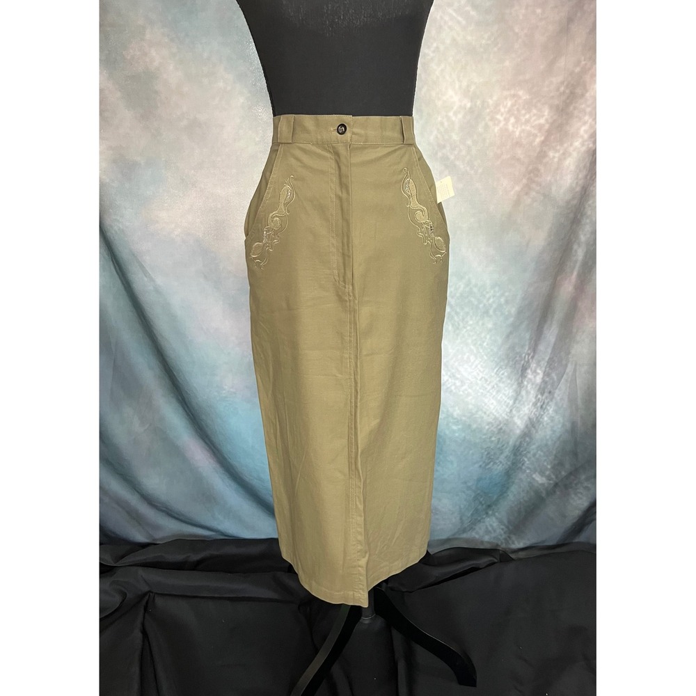 Together Vintage 90s Olive‎ Green Midi Skirt Embroidered Pockets Size 6